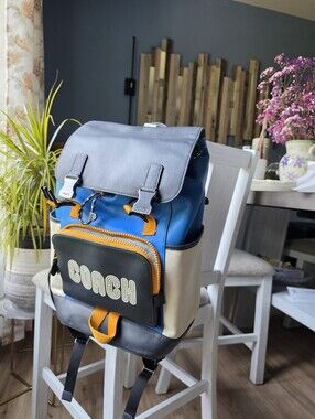 Coach Men's Blue, Black, Cream & Orange Leather-Trim Backpack